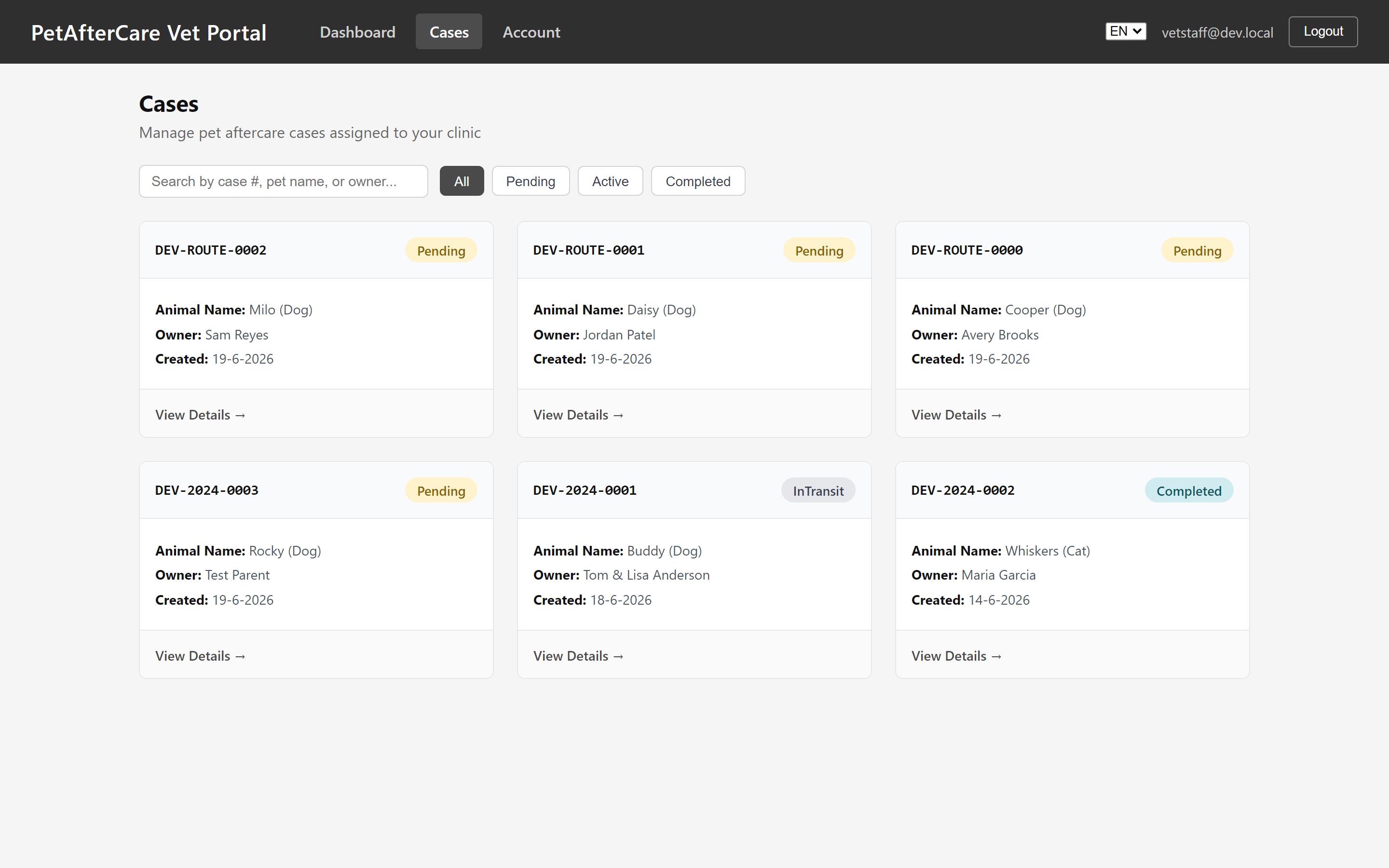 Vet portal showing pet aftercare cases assigned to the clinic